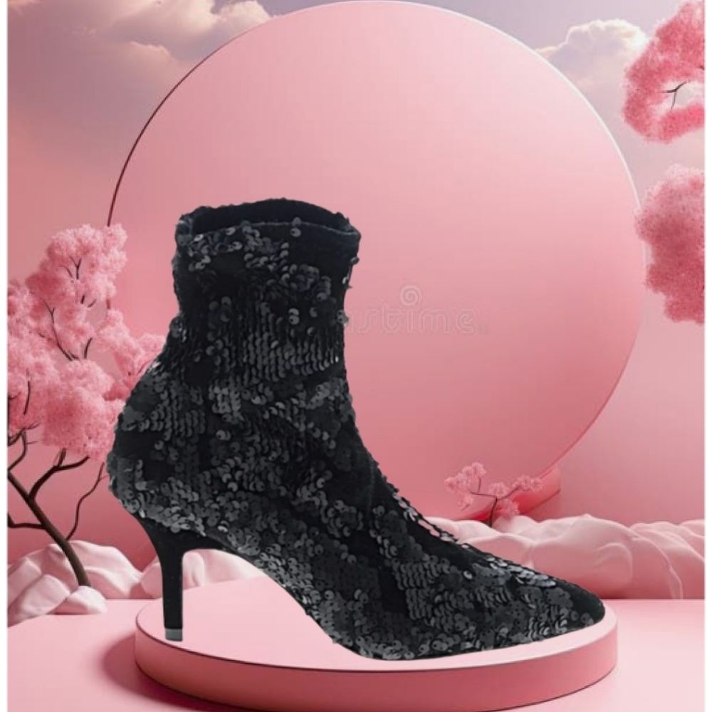 ZARA Black Sequin and Velvet Sock Ankle Boot Women Size EU 39